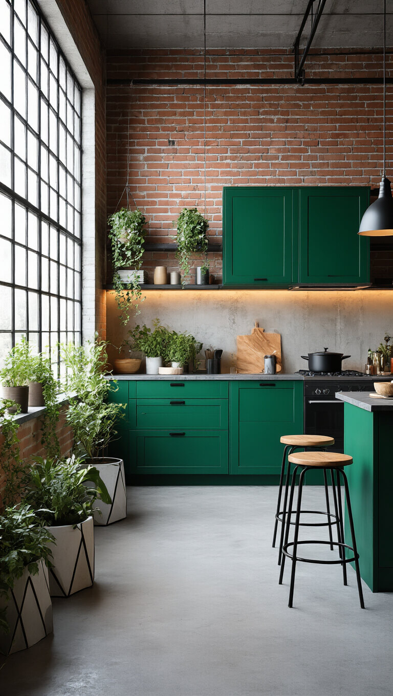 Industrial-modern kitchen with emerald green cabinets, exposed brick wall, concrete floor, and morning light through factory windows.