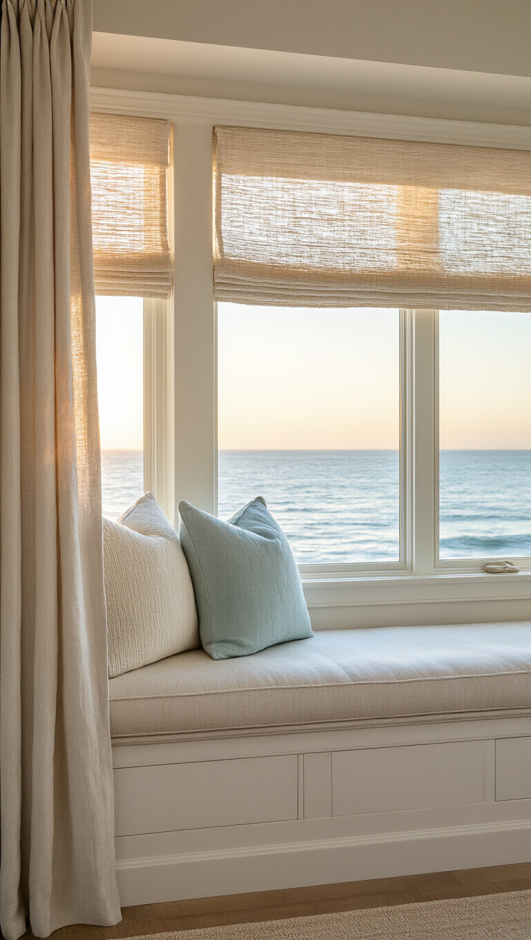 Coastal bedroom window seat at sunrise with tufted linen cushion, textured pillows, and rope curtain hardware, highlighted by dramatic morning light.