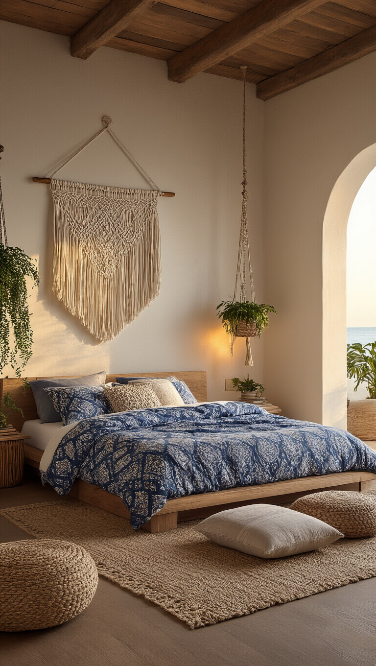 Bohemian coastal bedroom at golden hour with low platform bed, indigo and white patterned bedding, macramé wall hanging, natural fiber floor cushions, and hanging plants in rope planters.