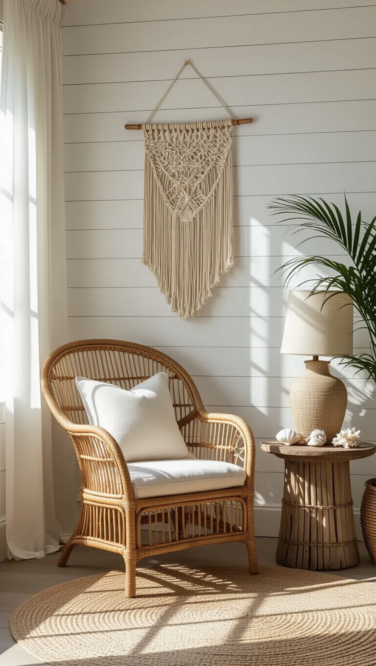 Low-angle view of a cozy 12x12ft bedroom corner with a rattan reading chair, macramé wall hanging, sheer curtains, potted palm, and a weathered wooden table displaying shells under a ceramic lamp.