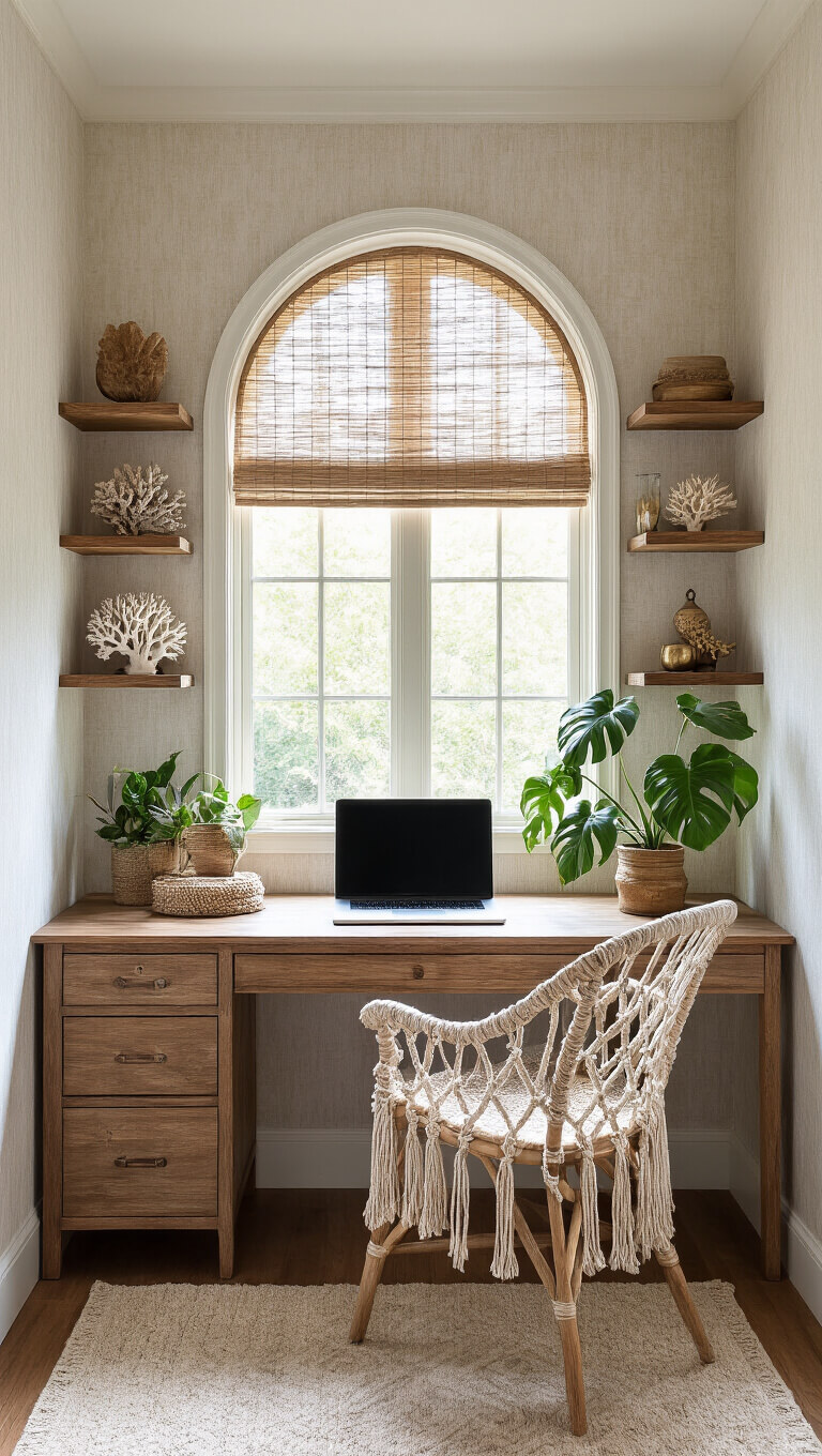 Cozy 8x10ft home office nook with vintage wooden desk, macramé hanging chair, arched window, and floating shelves displaying coral, driftwood, and brass objects; moody afternoon light casts shadows through woven window covering.