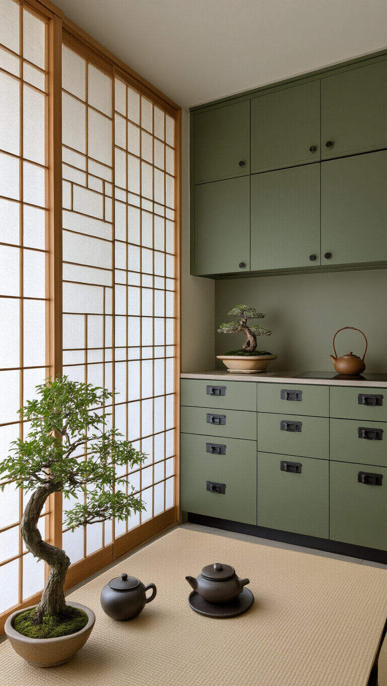Japanese fusion kitchen with moss green cabinets, shoji screens, and bamboo accents in soft morning light.