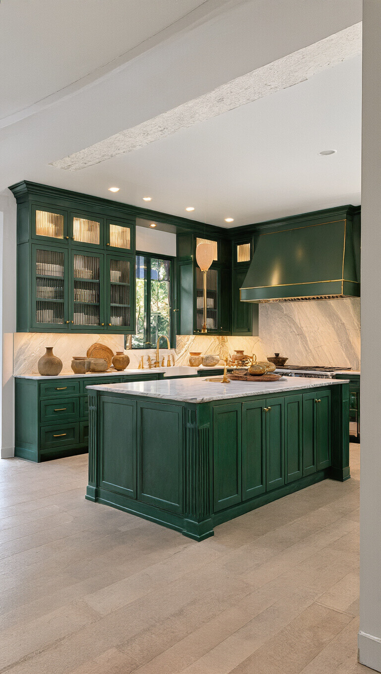 Emerald green open-concept kitchen at dusk with book-matched marble island, reeded glass cabinets, unlacquered brass fixtures, and warm ambient lighting.