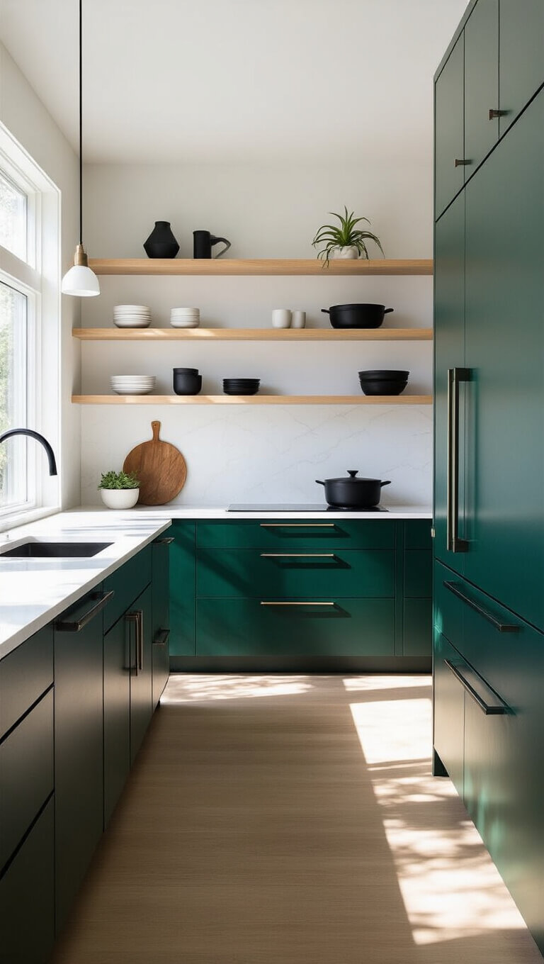Modern minimalist kitchen with emerald green handleless cabinets, white quartz surfaces, and bleached oak floating shelves lit by dramatic morning light.