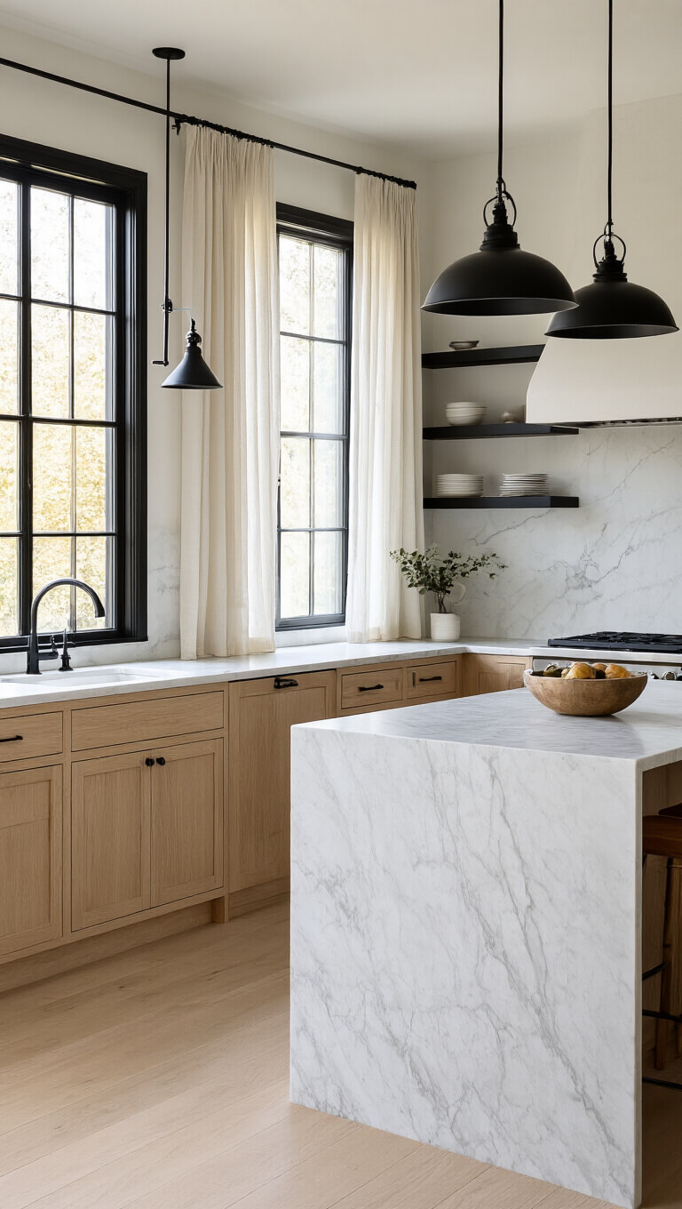Scandinavian-style 12x14ft kitchen with white oak lower cabinets, matte black upper shelving, and a central marble waterfall island under black metal pendants, bathed in golden hour light through sheer linen curtains.