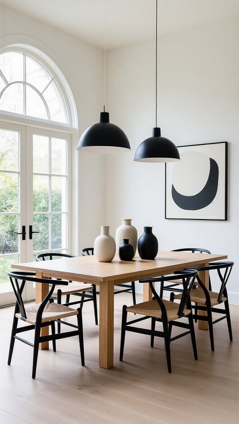 Modern dining room with blonde wood table, black wishbone chairs, arched window, and ceramic centerpiece in natural light.
