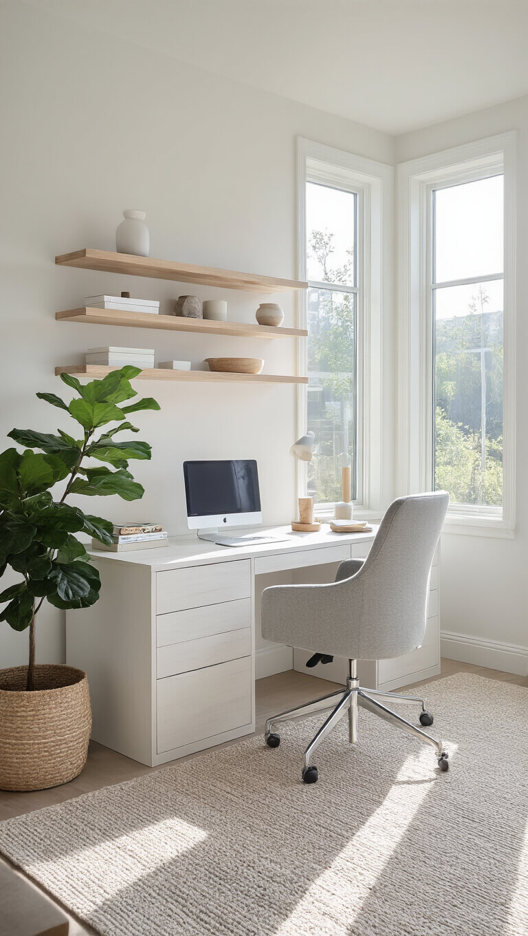 Sunlit 14x16ft home office with white desk facing tall windows, light gray ergonomic chair, minimal floating shelves, and a fiddle leaf fig.