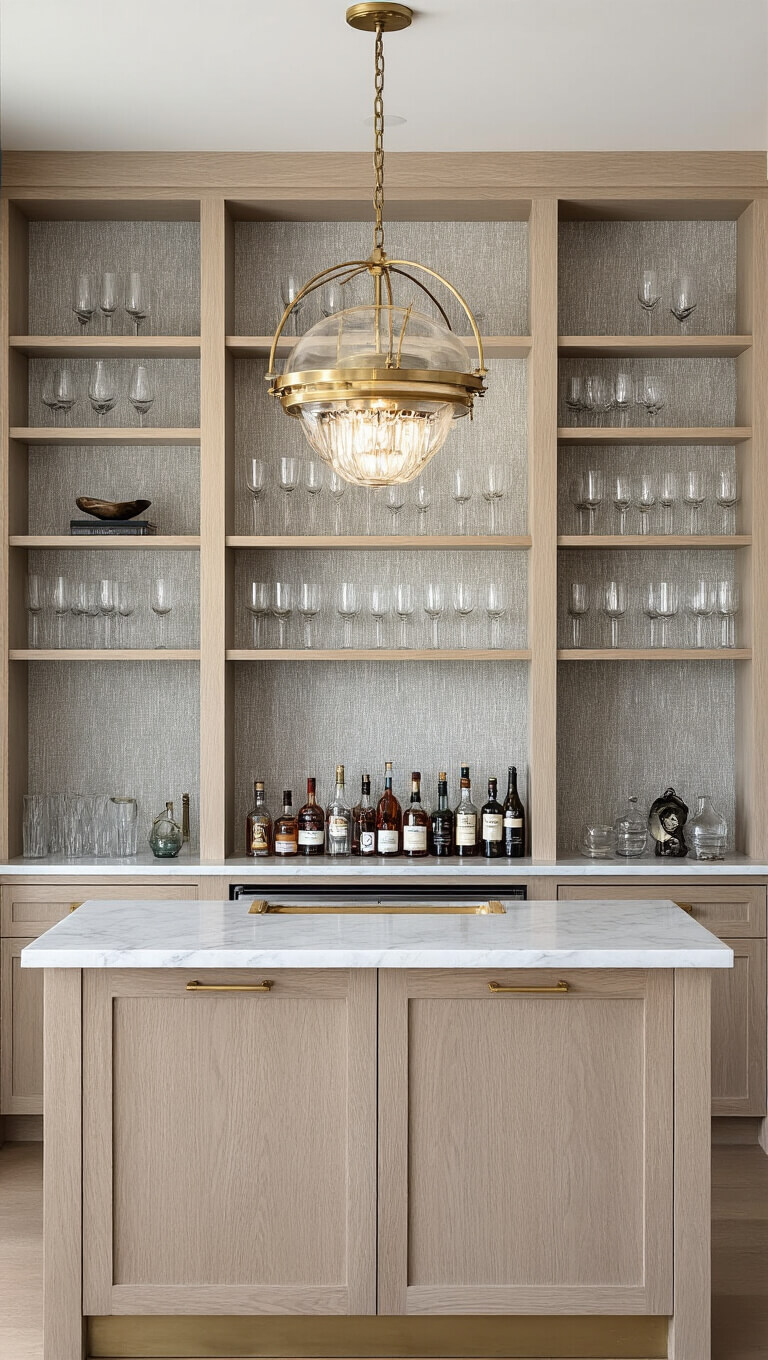 Symmetrical Zen-style home bar with white oak open shelving, marble countertop, brass hardware, warm gray textured wallpaper, and art deco pendant lighting.