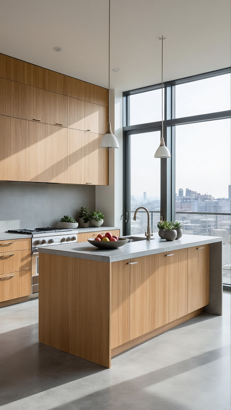 Modern open-concept kitchen with hickory cabinets, concrete surfaces, and floor-to-ceiling windows overlooking cityscape.