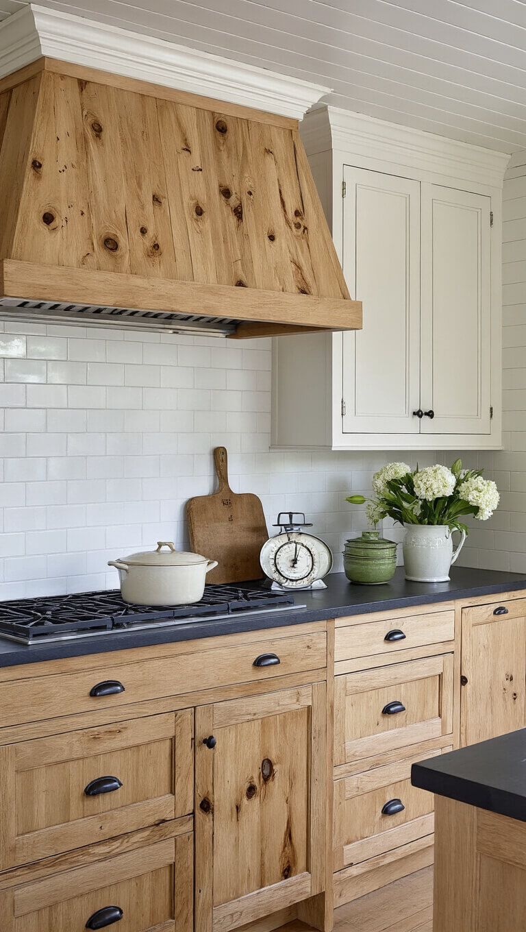 Cozy 14x16ft cottage kitchen with knotty hickory cabinets, white subway tile to ceiling, soapstone counters, white beadboard ceiling, vintage scale, ironstone pottery, and fresh flowers.