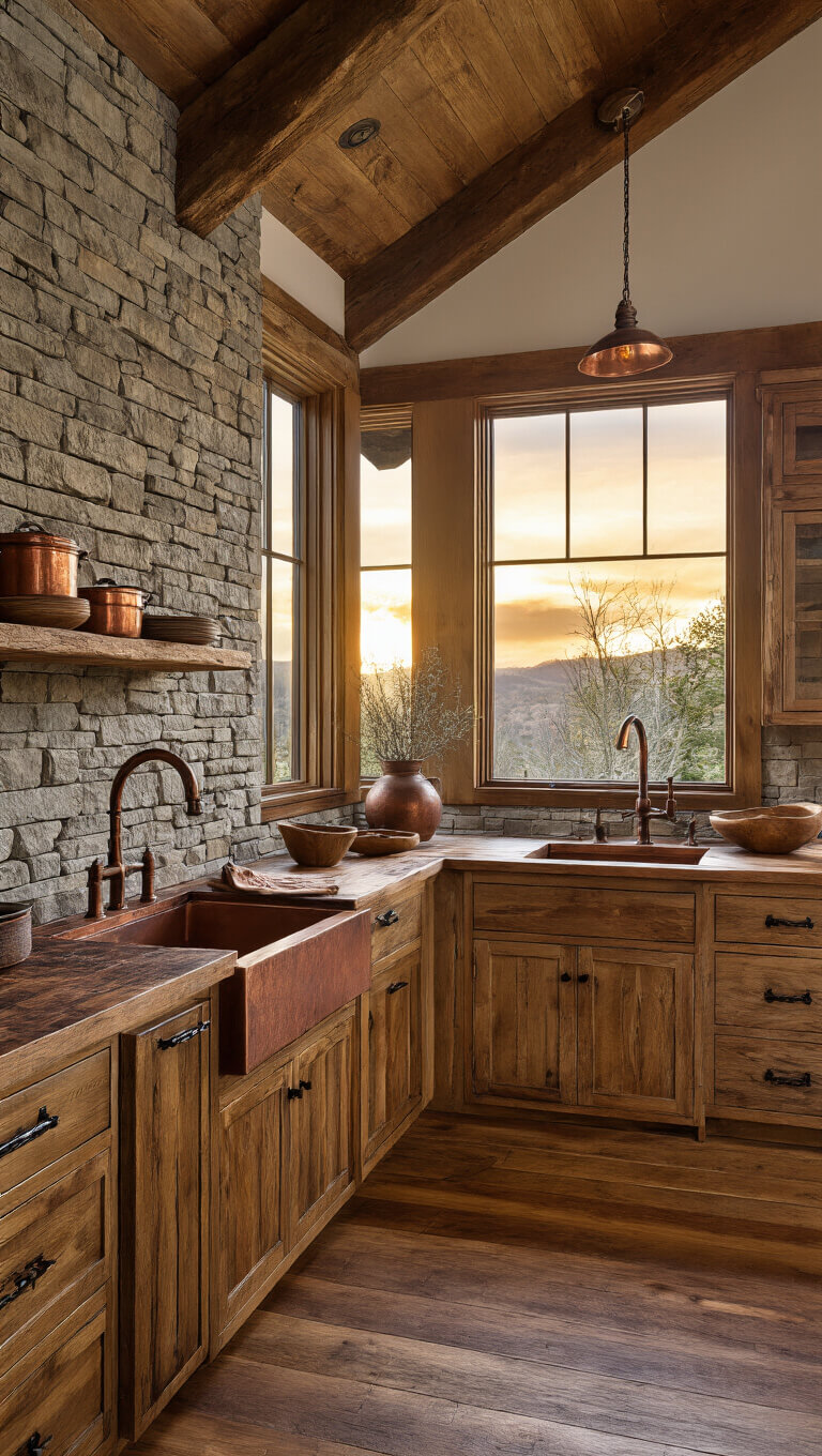 Rustic mountain kitchen at sunset with hickory cabinets, stone accent wall, copper sink, reclaimed wood floors, and forest-themed decor.
