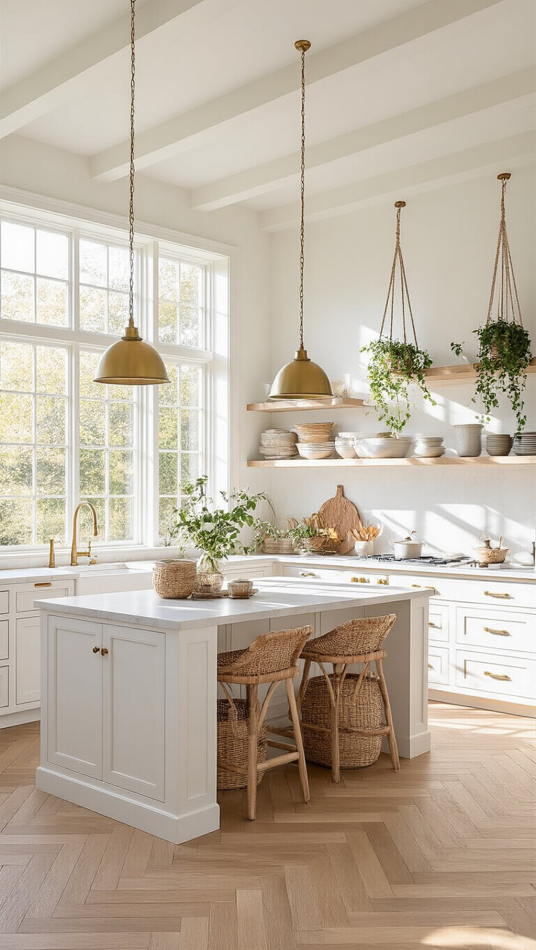 Bright, airy kitchen with white oak herringbone floors, matte white island, brass accents, open shelving, hanging plants, and warm afternoon sunlight streaming through large west-facing windows.
