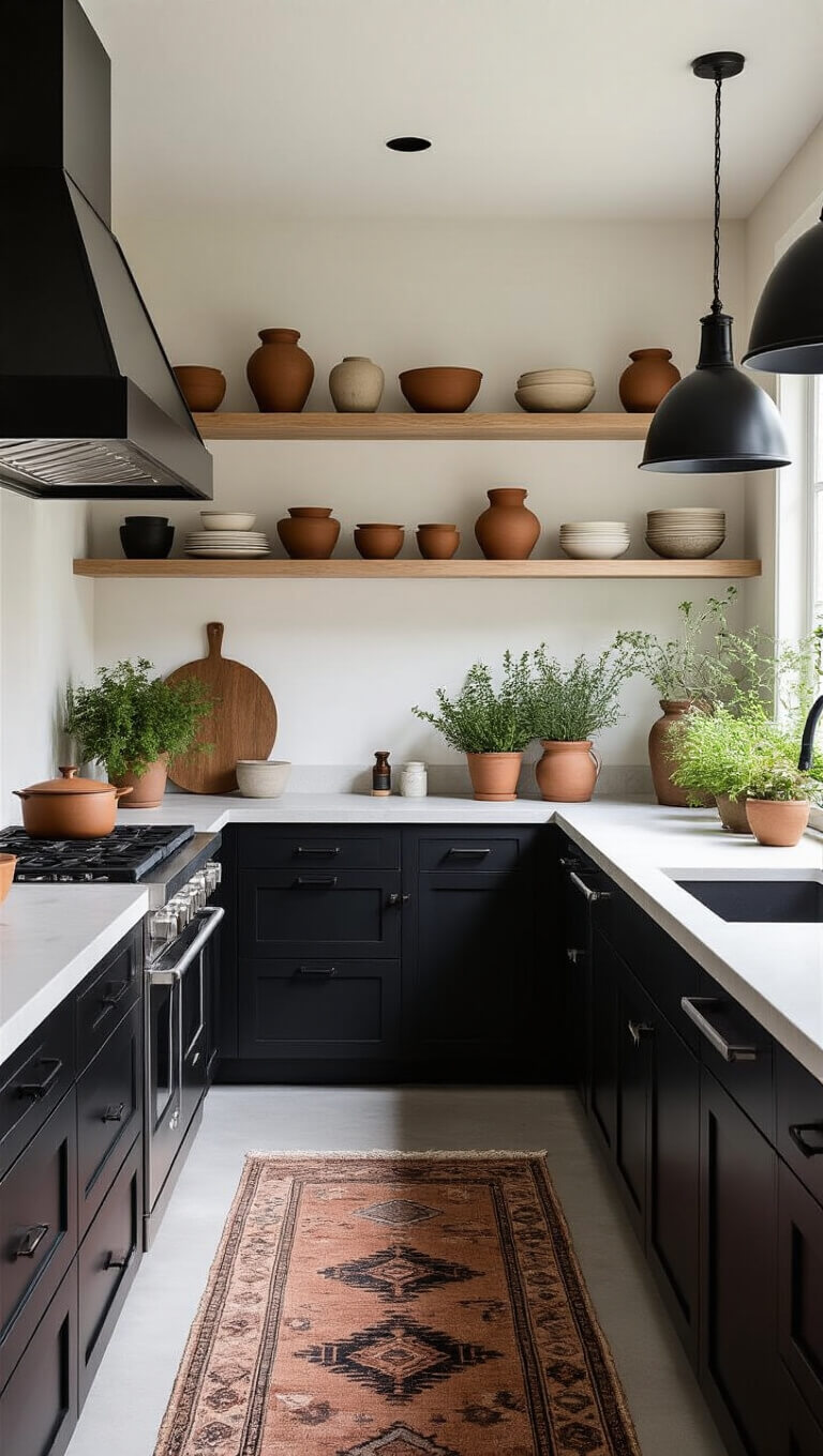 Modern 12x20ft galley kitchen with matte black cabinets, white concrete countertops, ash wood open shelves displaying pottery, black pendant lights, vintage earth-tone runner, and terracotta potted herbs on windowsill.