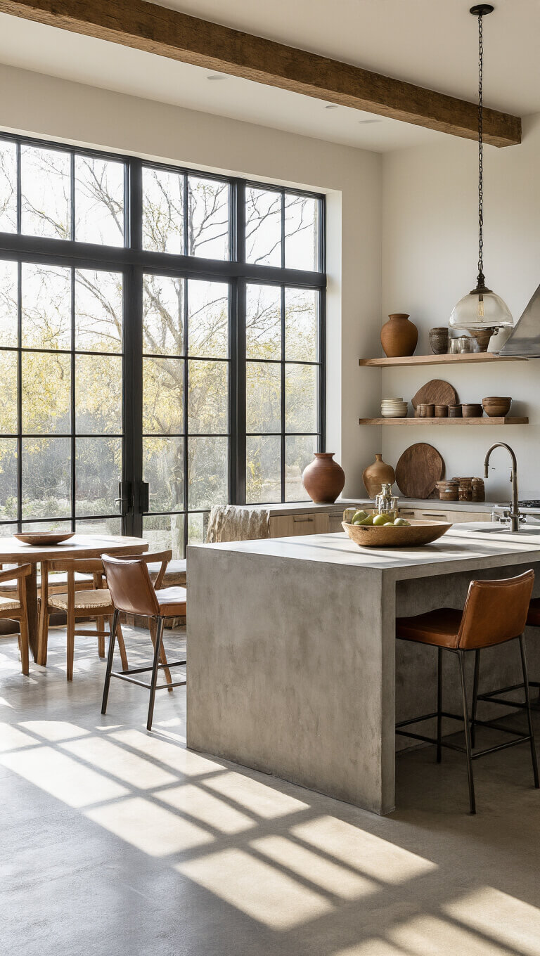 Open-concept kitchen-dining area with concrete waterfall island, leather barstools, industrial windows, and styled open and closed storage in early morning light.