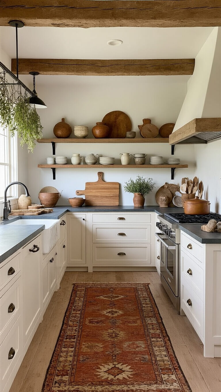 Farmhouse kitchen with exposed wooden beams, warm white Shaker cabinets, soapstone countertops, vintage rug, hanging dried herbs, and golden hour lighting.