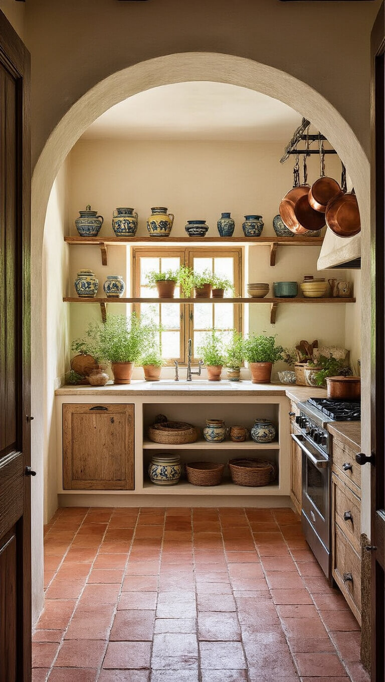 Rustic Mediterranean kitchen with terracotta floors, open wood shelves, hanging copper pots, and colorful ceramics, viewed through an arched doorway in warm afternoon light.