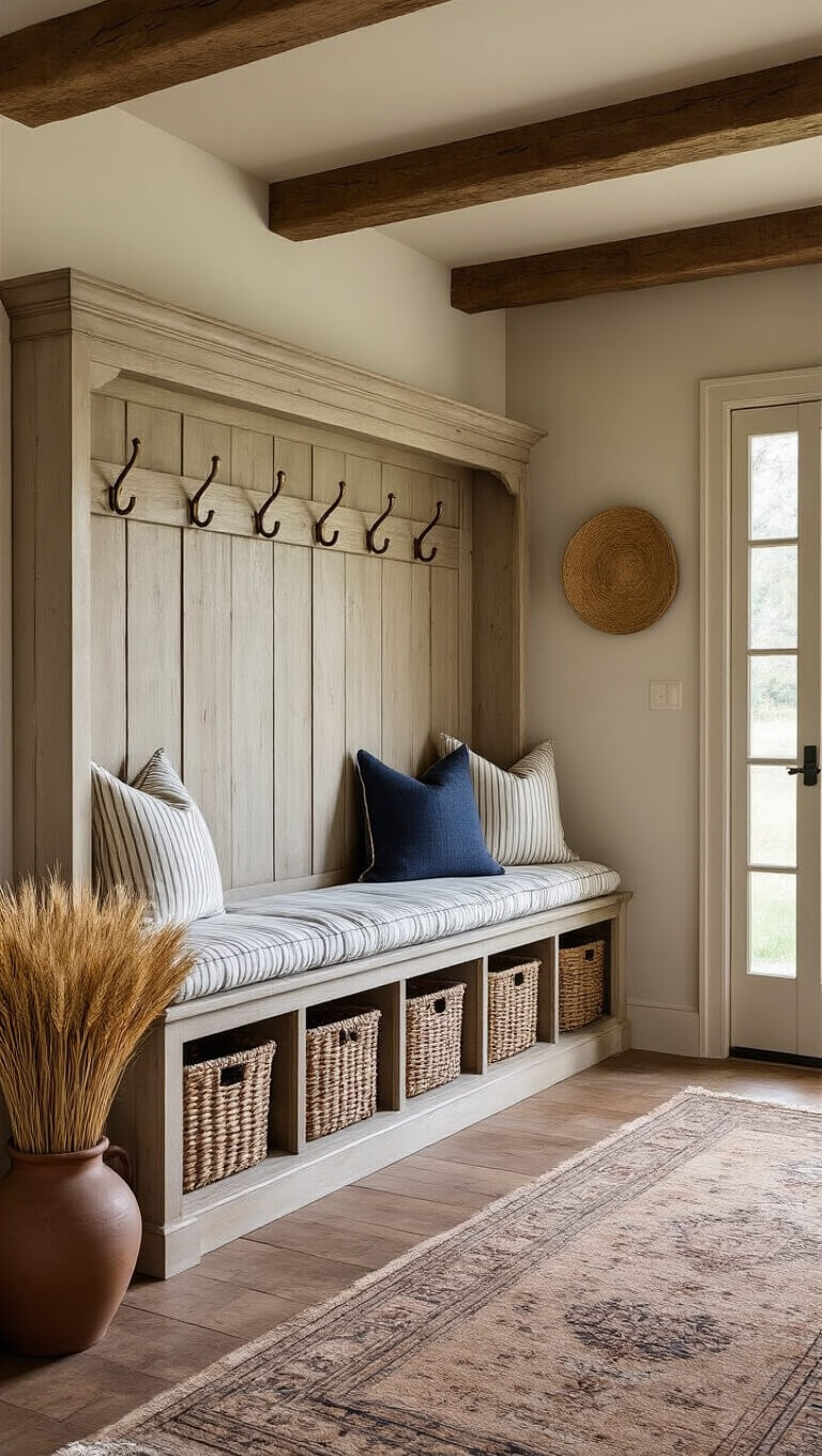 Farmhouse entry with antique pine hall tree, ticking stripe cushions, woven baskets, dried wheat in crocks, and golden hour light highlighting warm wood tones.