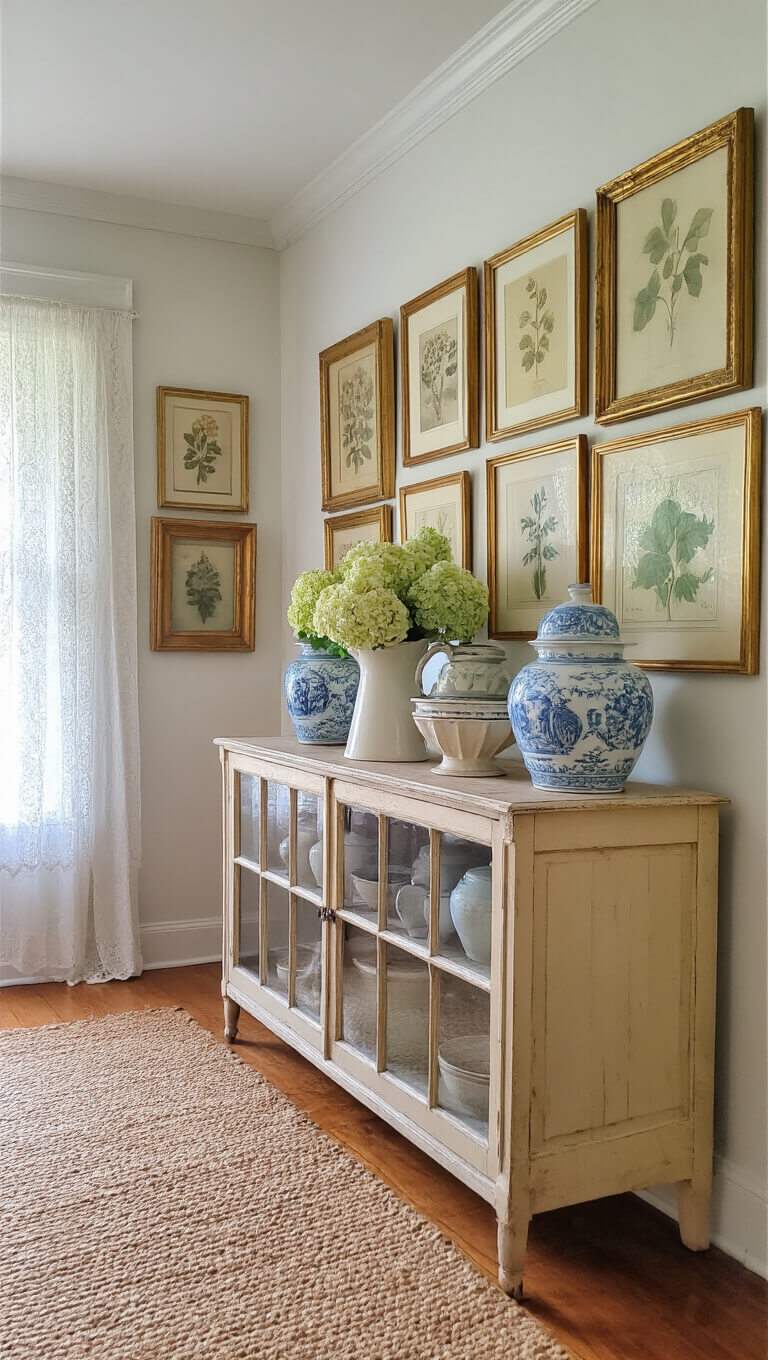 Vintage entryway with antique cabinet displaying cream and blue pottery, botanical prints in gilt frames, jute rug on hardwood floor, and hydrangeas in a pitcher.