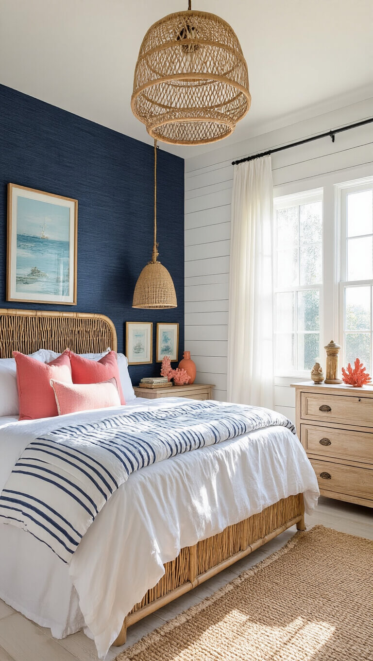 Sunlit teen bedroom with white shiplap walls, navy accent wall, bamboo headboard, layered bed linens, rattan chair by window, oak dresser with coastal decor, and textured jute rug on whitewashed floors.