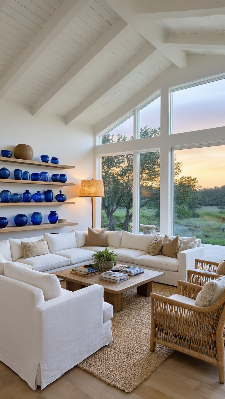 Sunset-lit 20x22ft great room with 12ft ceilings, white beams, white sectional, natural fiber chairs, vintage blue glass on shelves, and woven shade floor lamp.