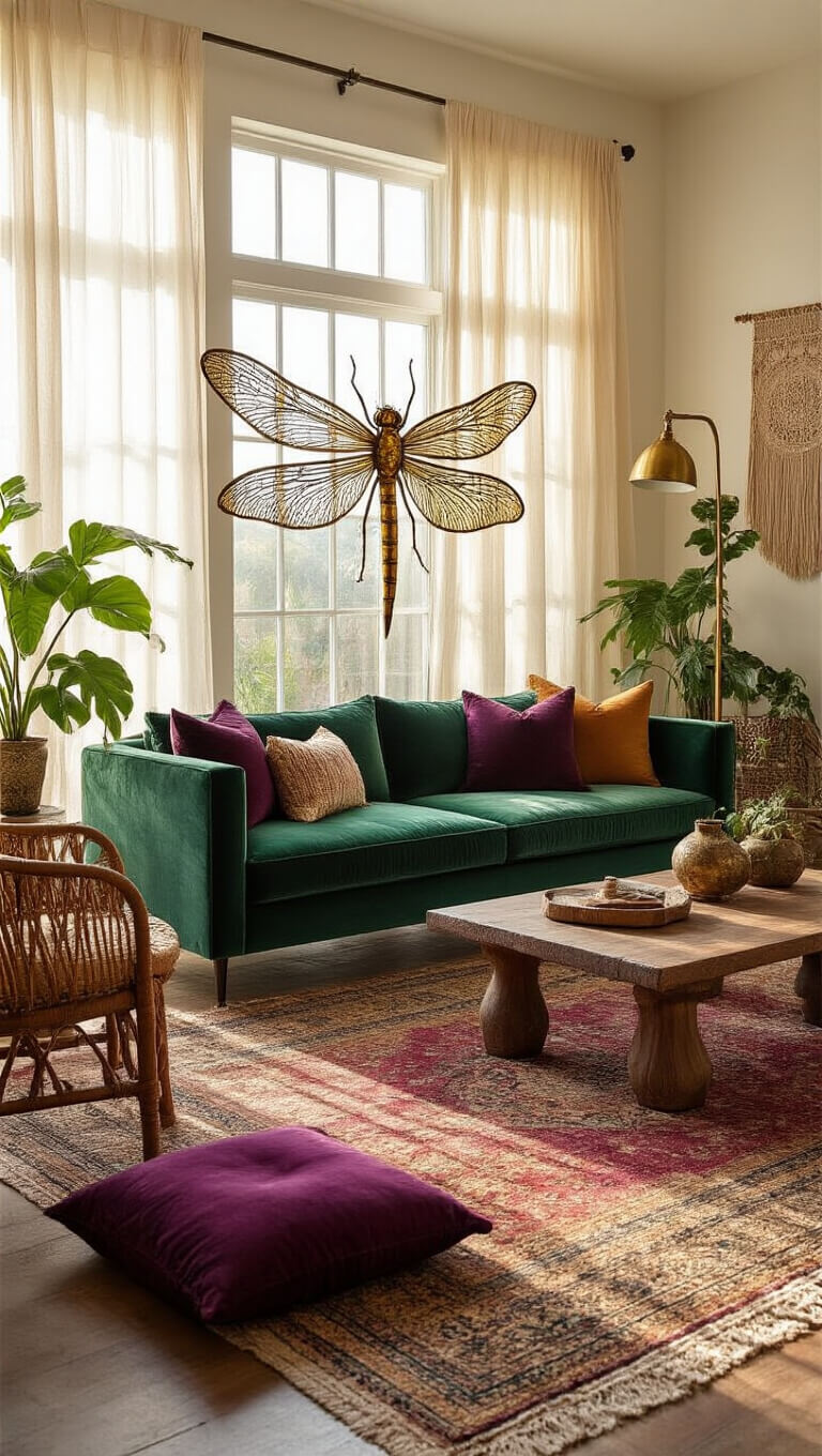 Bohemian living room at golden hour with emerald velvet sofa, oversized brass dragonfly wall sculpture, floor-to-ceiling sheer curtains, layered rugs, floor cushions, vintage decor, and natural backlighting.