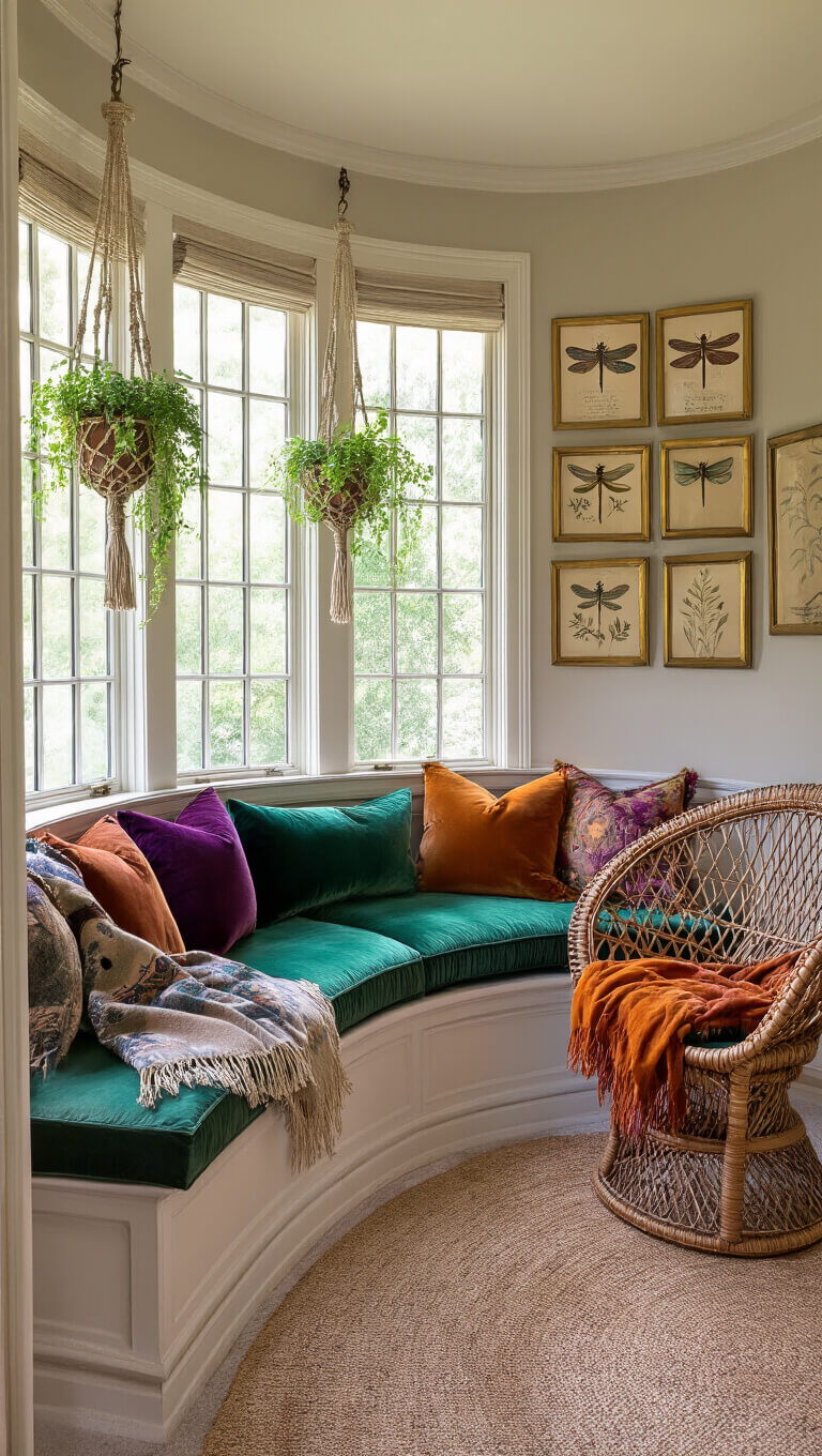 Cozy 10x12ft reading nook with bay window bench, jewel-toned cushions, rattan peacock chair, vintage dragonfly art, tapestry, and hanging plants in warm afternoon light.