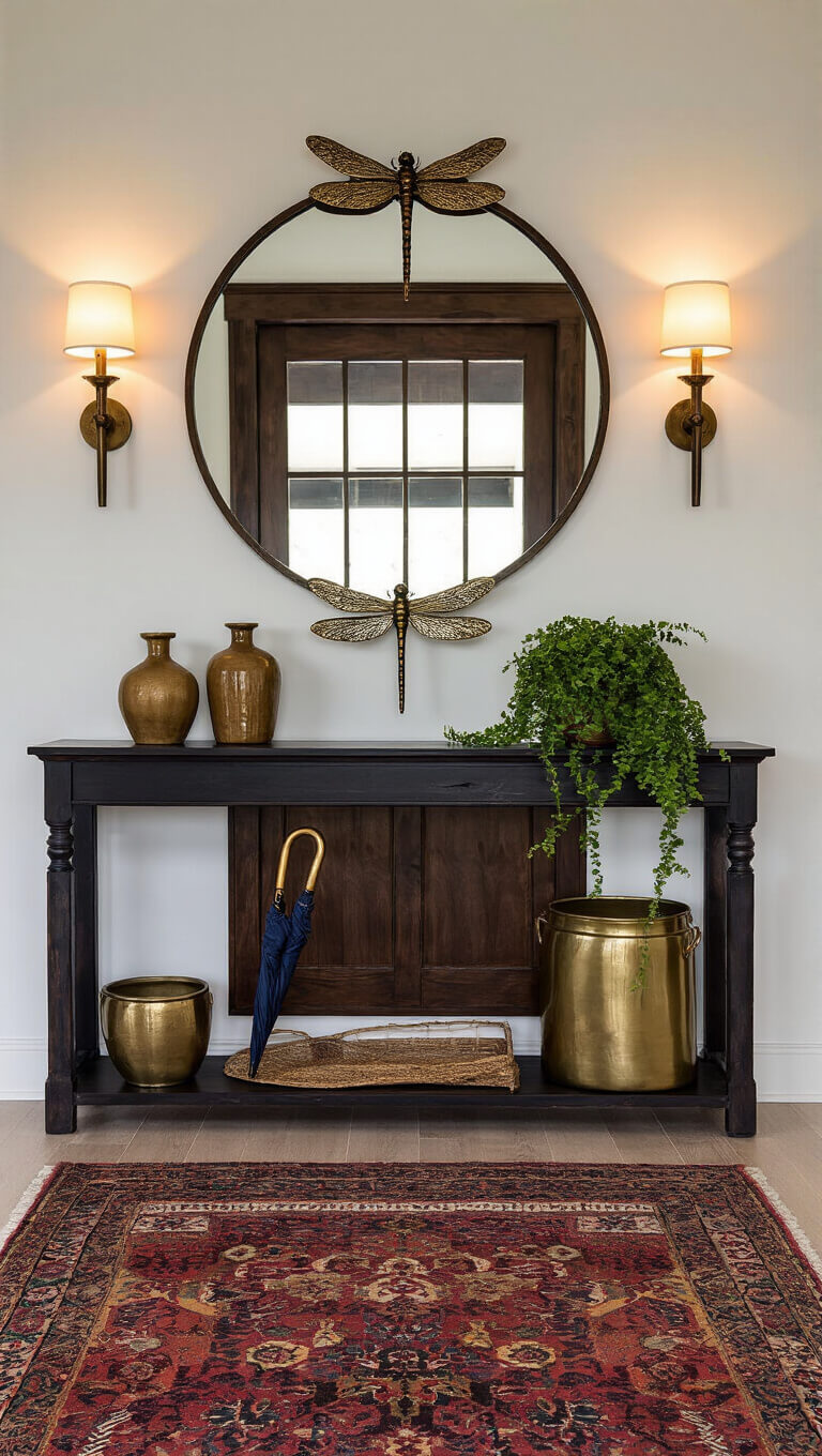 Straight-on view of a dramatic 8x10ft entryway with a dark wood floating console beneath an oversized circular mirror framed by metallic dragonfly sculptures, layered jewel-toned vintage runners, amber glass wall sconces, brass umbrella stand, ceramic vessels, and trailing plants.