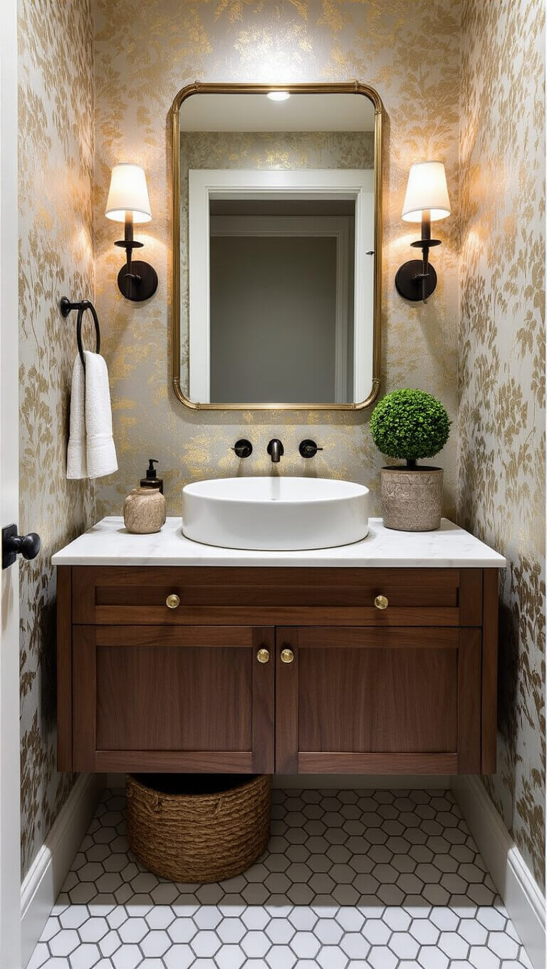 Elegant 6x8ft powder room with metallic botanical wallpaper, walnut floating vanity, vessel sink, antique brass mirror, black sconces, marble hex tile floor, and moody ambient lighting.