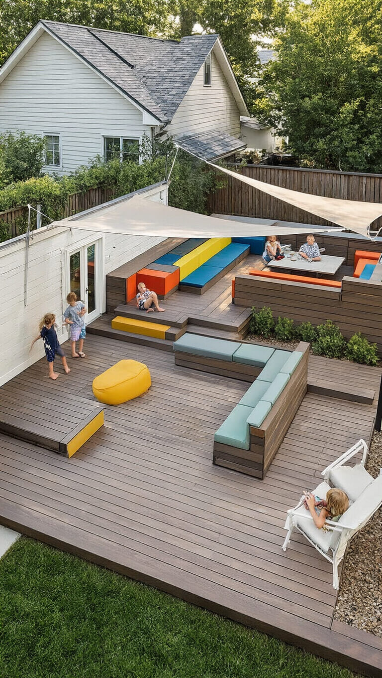 Family-friendly 700 sq ft deck with colorful built-in storage benches in play area, adult lounging zone with sectional, shade sail overhead, and decorative safety gates at late afternoon.