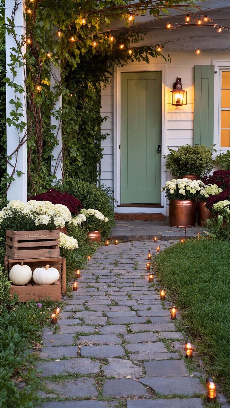 Blue hour cottage garden path with flagstone walkway, copper lights, white pumpkins, and hydrangeas leading to a sage green Dutch door framed by string lights and climbing vines.