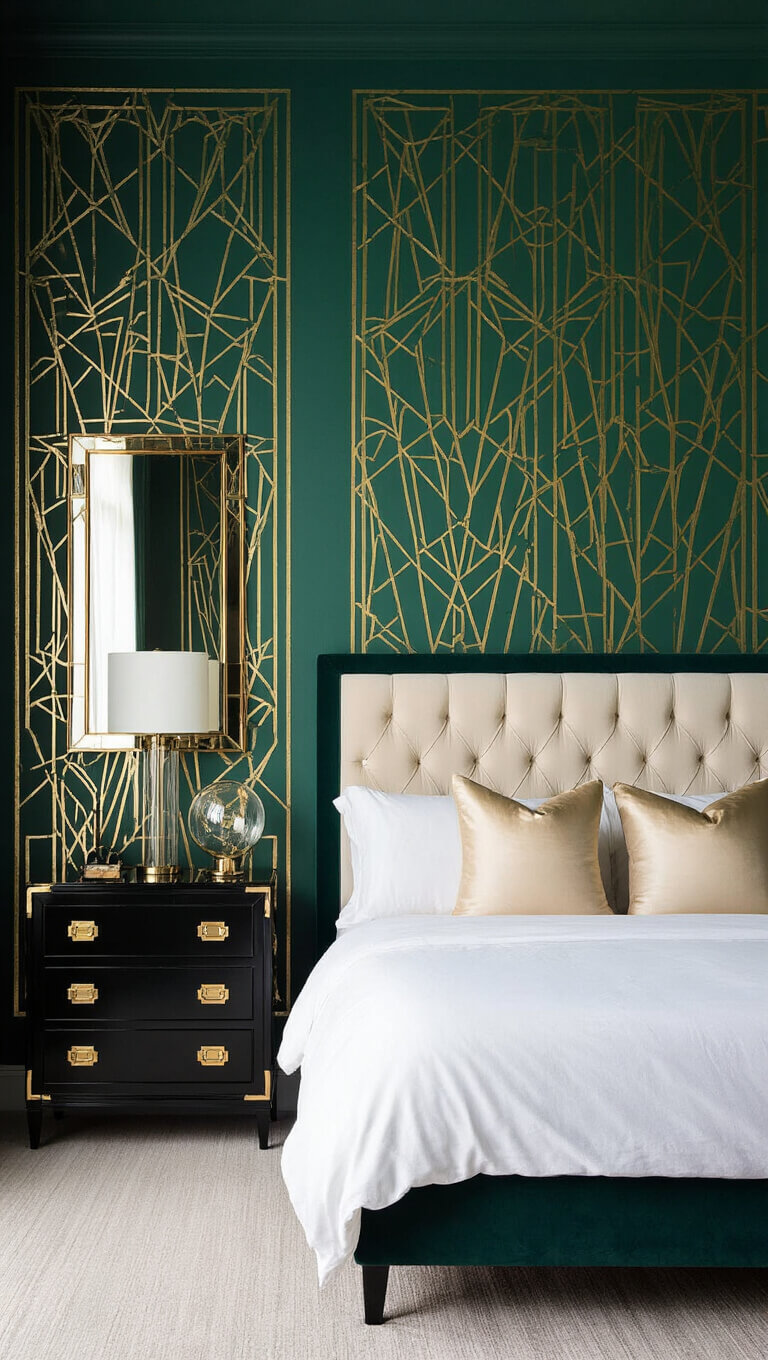 Art Deco bedroom with emerald walls, gold geometric accent wall, cream velvet headboard, white linens, black nightstands, and glass globe lamps.