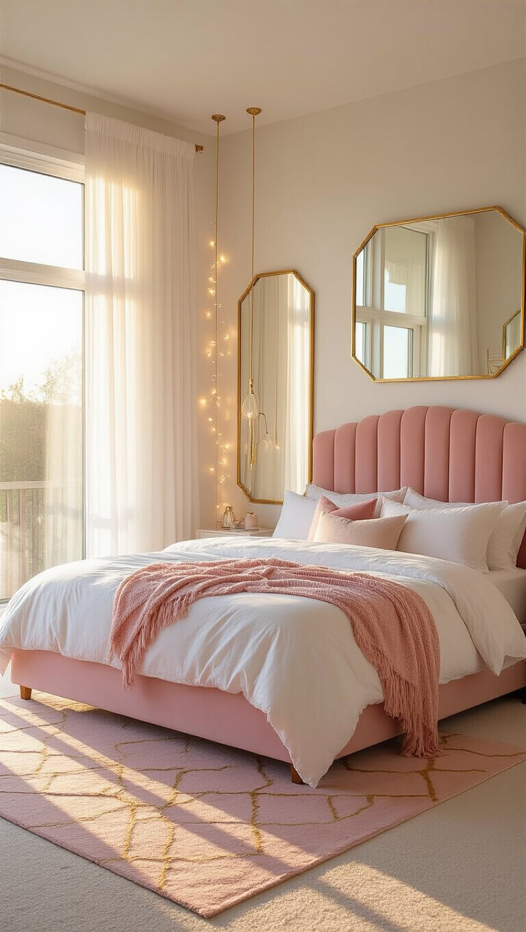 Sunlit pink and white bedroom with velvet headboard, gold mirrors, and sheer curtains glowing at golden hour.