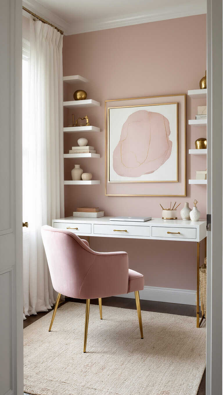 Chic 12x12ft home office with pink accent wall, white desk with gold accents, pink velvet chair, brass decor on floating shelves, and abstract blush artwork.