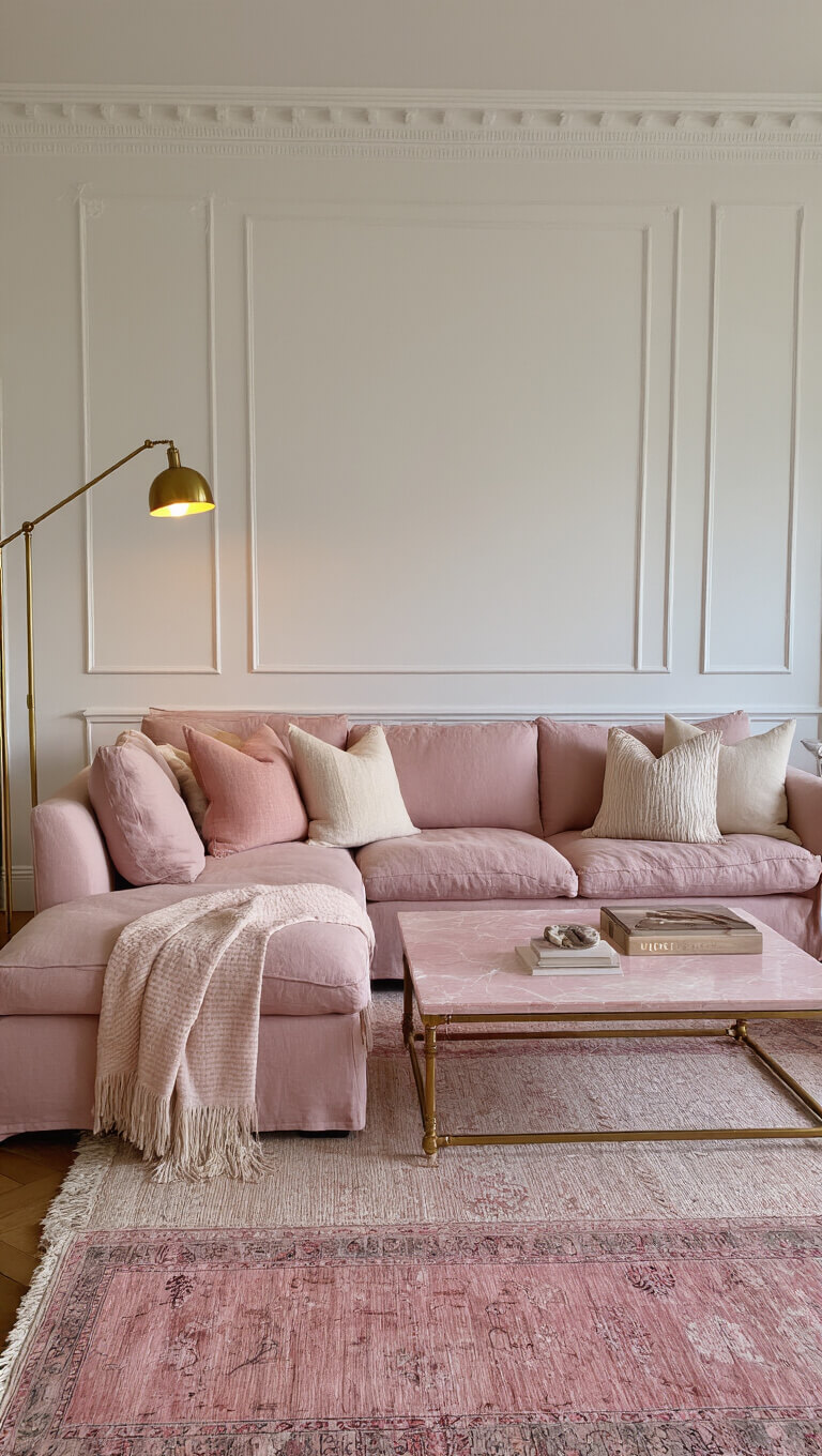 Elevated view of a spacious 20x15ft living room at dusk featuring a high ceiling, crown molding, a large dusty pink linen sofa with blush and cream pillows, brass floor lamp, pink marble coffee table, and layered vintage-style rugs in pink and neutral tones.
