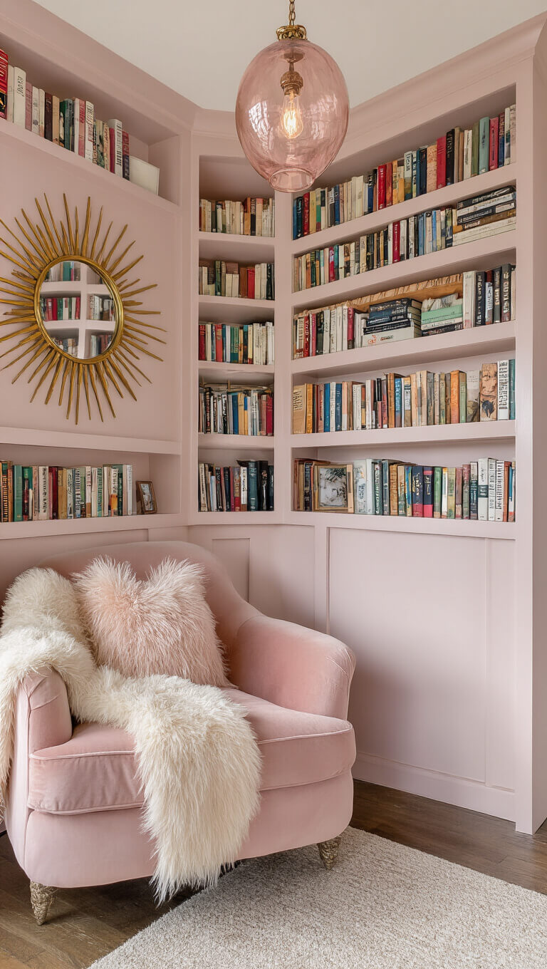 Cozy pink reading nook with tall bookshelf, blush velvet chair, gold sunburst mirror, and pendant light in morning light.