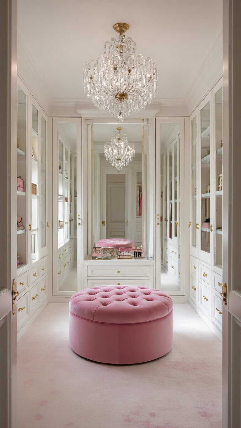Luxurious 14x16ft dressing room with pink velvet ottoman, crystal chandelier, white wardrobes, mirrors, and elegant accessories in morning light.