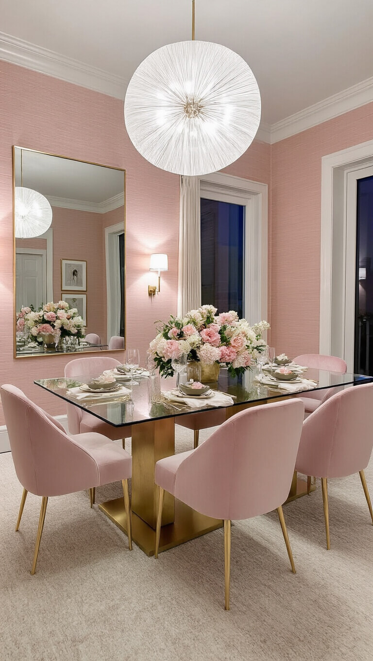 Low-angle view of a modern 16x14ft dining room at twilight with blush pink grasscloth walls, glass table with gold base, pink velvet chairs, white chandelier, floral centerpiece, and mirrored accents.