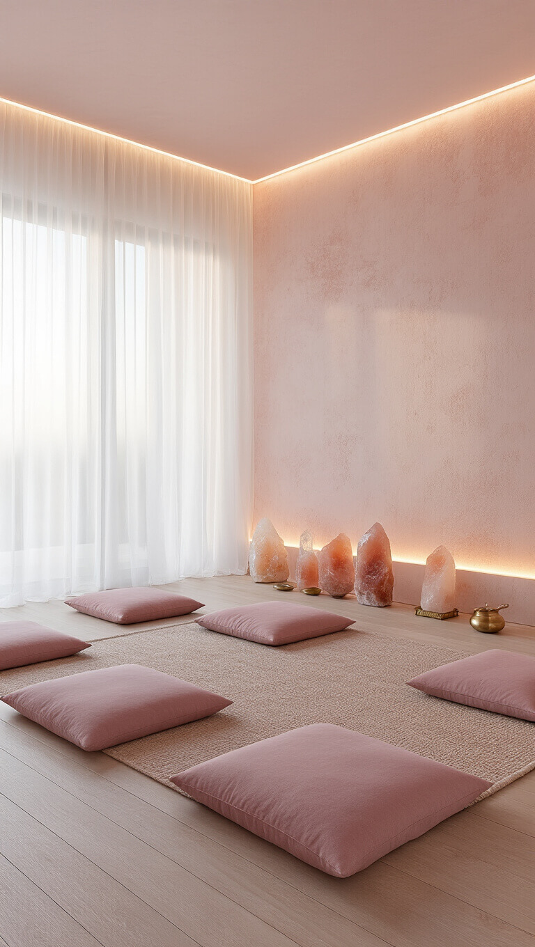 Serene 12x15ft meditation room at dawn with pale pink textured walls, integrated LED lighting, pink floor cushions on light wood flooring, sheer white curtains, crystal clusters, Himalayan salt lamps, and brass incense holders.