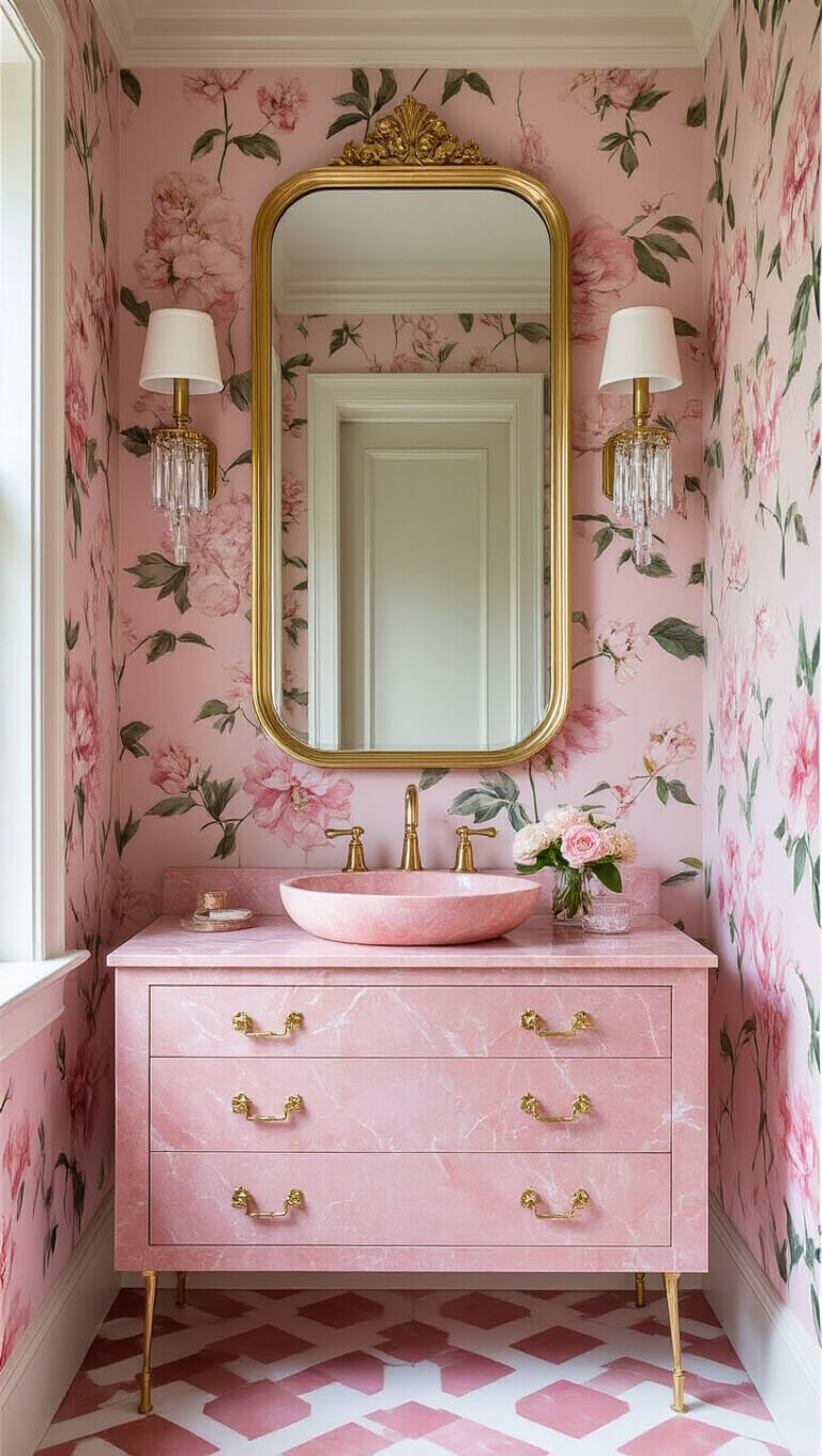 Luxurious powder room with pink marble vanity, brass fixtures, floral blush wallpaper, gold-framed lighted mirror, crystal sconces, pink onyx sink, and pink-white geometric floor tiles.