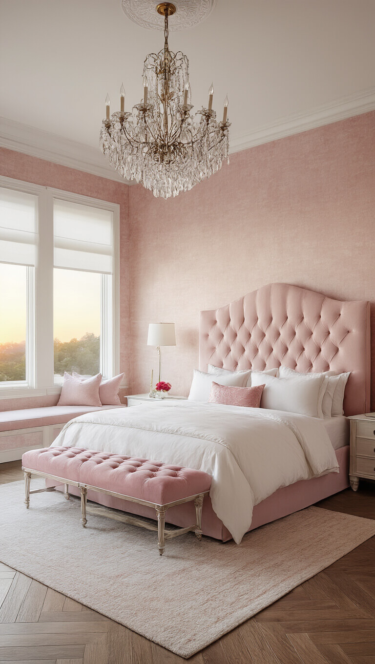 Elegant master suite with blush pink silk walls, tall tufted pink headboard, white bedding with pink accents, crystal chandelier, pink velvet benches, and herringbone wood floors viewed from above at sunset.