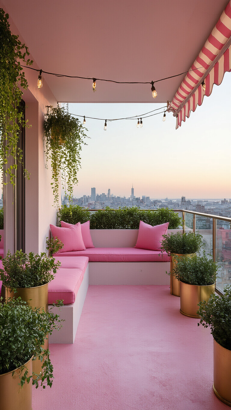 Chic 10x12ft balcony at magic hour with pink concrete floors, built-in seating with pink cushions, brass planters, string lights, glass railing, and pink-and-white striped awning, viewed from interior.