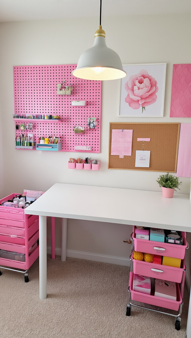 Bright craft room with pink pegboard, white table, pink storage cart, and inspirational pink-themed artwork viewed from above.