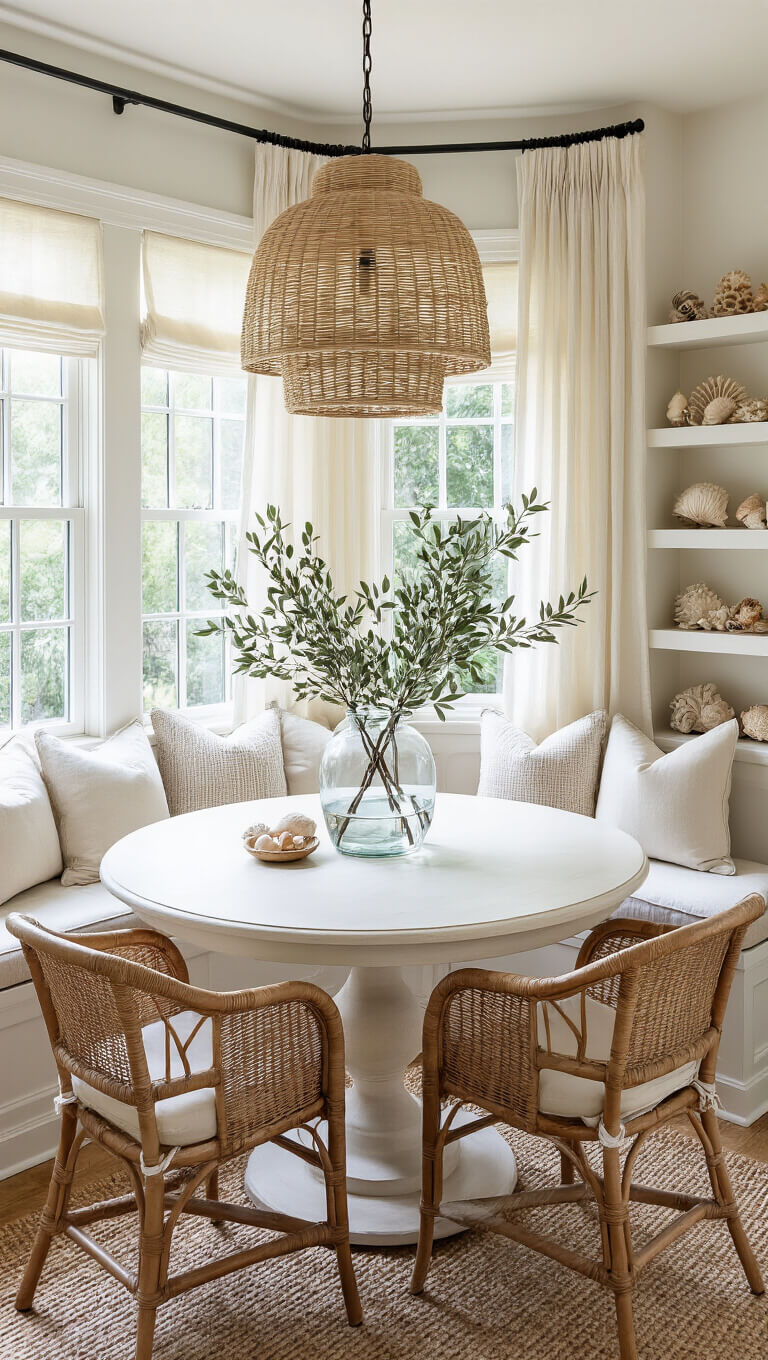 Cozy 10x12ft dining nook with bay window, round whitewashed table, rattan chairs, built-in bench, and olive branch centerpiece in afternoon light.