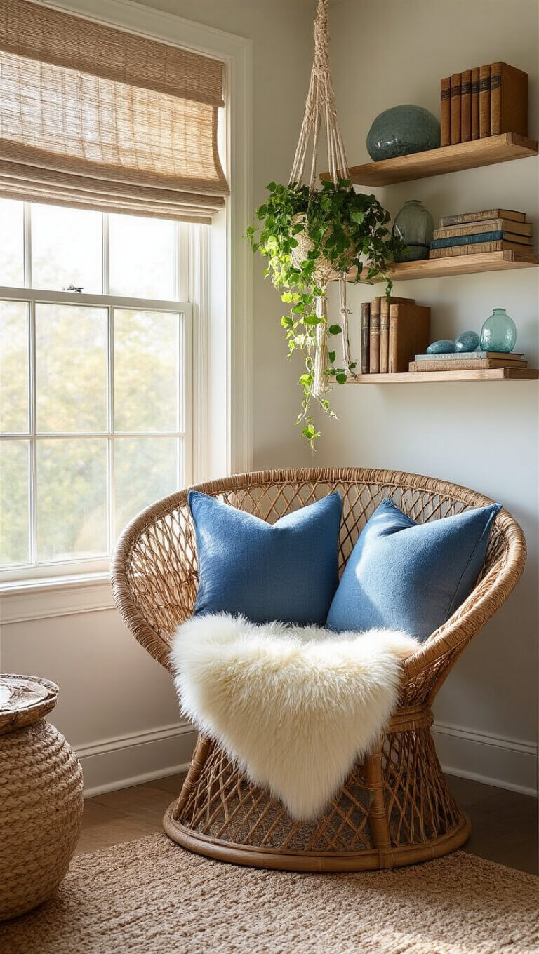 Close-up of cozy reading nook with rattan peacock chair, sheepskin throw, blue cushions, vintage books, and morning sunlight glow.