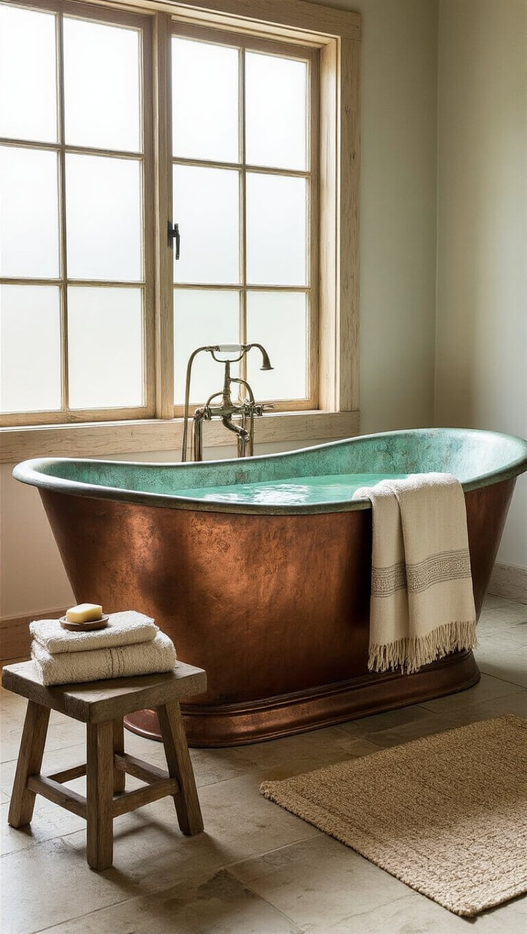 Peaceful 12x15ft bathroom with verdigris copper tub, hand-loomed towels, weathered wood stool, and stone basin bathed in soft afternoon light.
