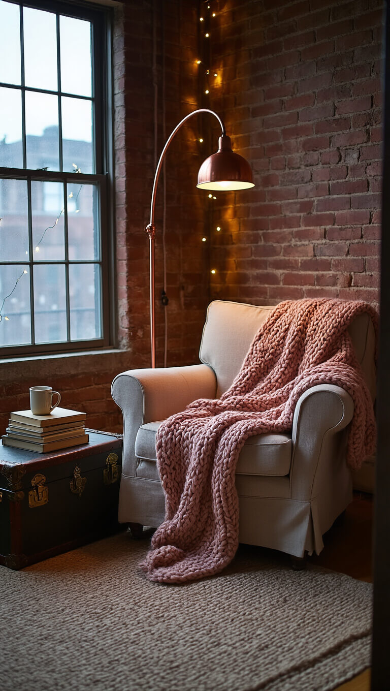Cozy bedroom reading nook at dusk with oversized oatmeal armchair, dusty rose throw, copper floor lamp, exposed brick wall, and twinkling string lights.