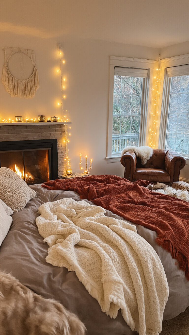 Cozy 14x14ft bedroom with flannel bedding, wool blankets, faux fur throws, warm string lights, leather armchair, and gas fireplace glow.
