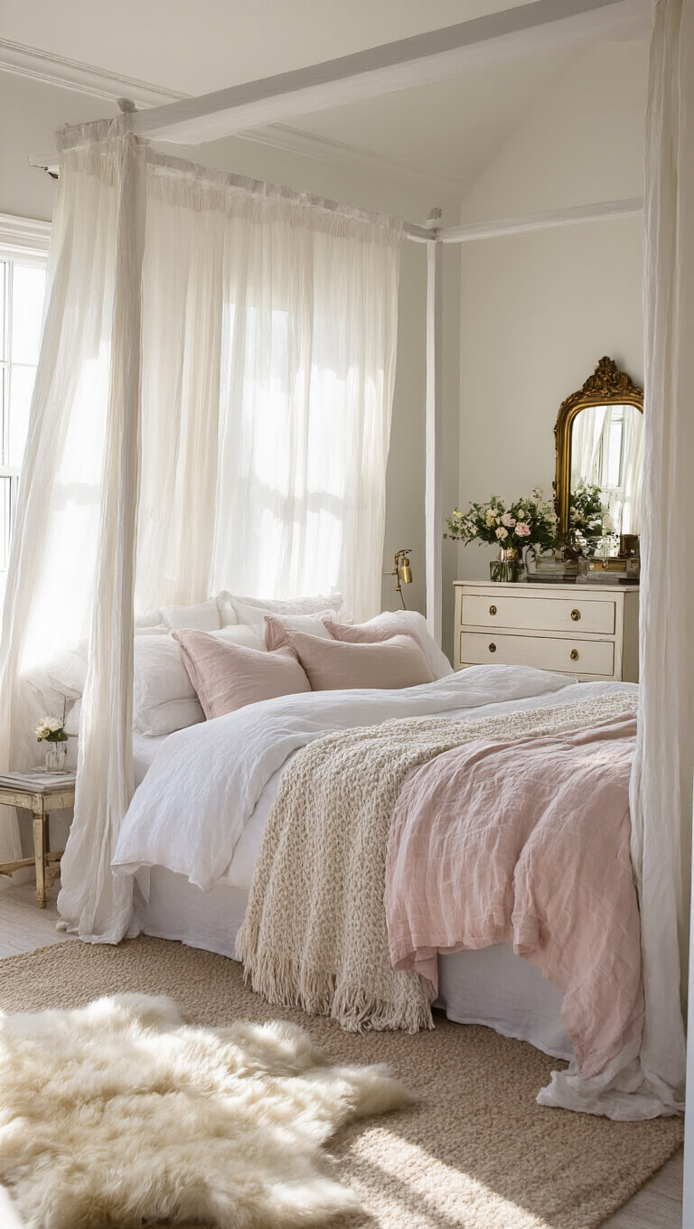 Bright airy 15x17ft bedroom with four-poster bed, layered white and pale pink linens, vintage dresser with brass mirror and flowers, sheepskin rug, and sheer curtains filtering midday light.