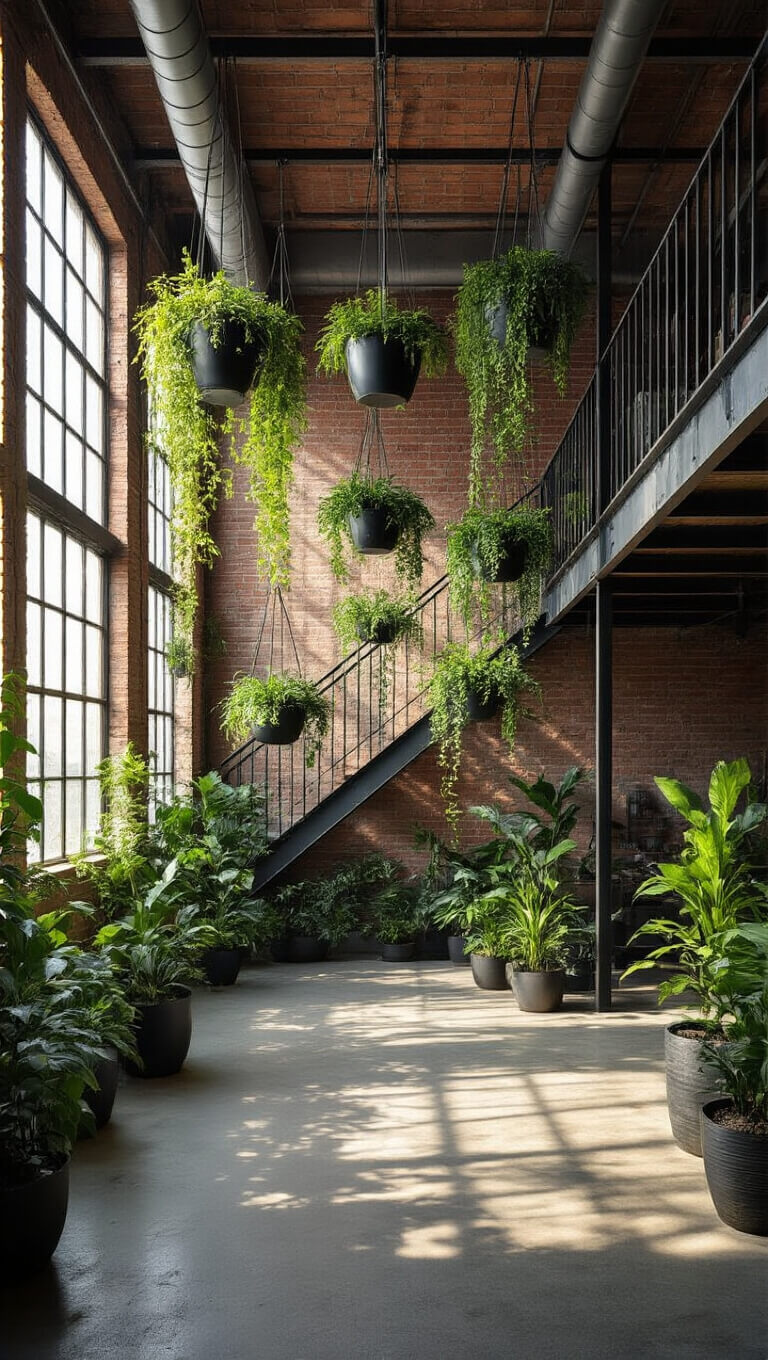 Industrial loft with exposed ductwork, hanging planters with trailing greenery, concrete floors, brick walls, and steel staircase, viewed from mezzanine in dramatic afternoon light.