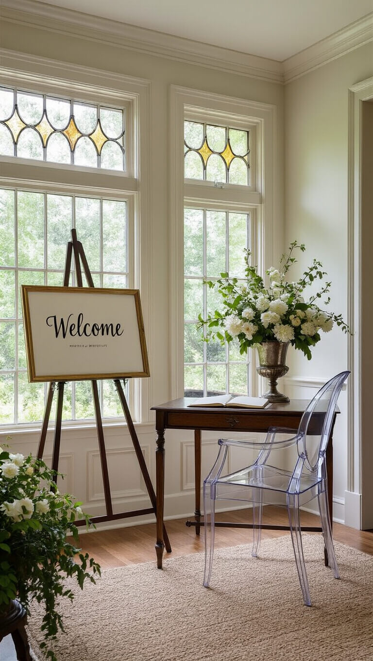 Elegant entry vignette with crown molding, leadlight windows, modern welcome sign on brass easel, vintage desk with lucite chair, and silver urn with fresh flowers.